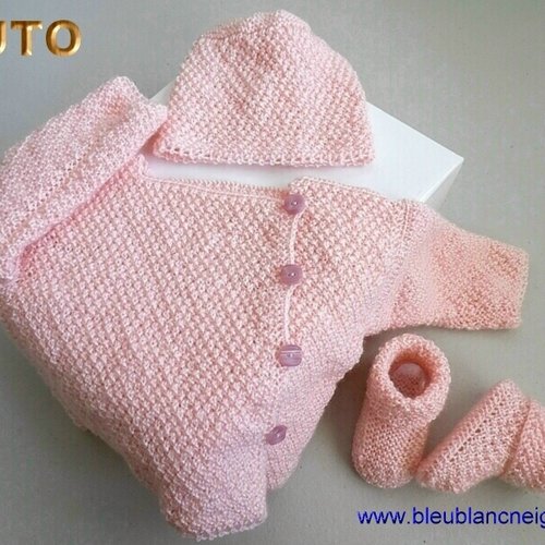Tuto tu-038 – 0-01 mois – fiche tricot bébé, explications complètes, brassière, bonnet, chaussons, tricot bebe, layette bb