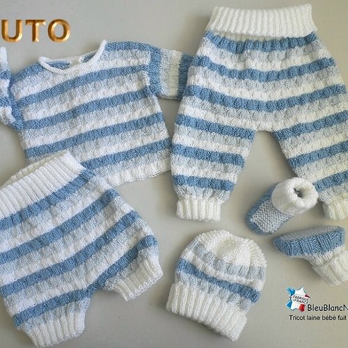 Tuto tu-102 – naissance - fiche tricot bébé, explications tricot bb, brassière, bonnet, chaussons, bloomer ou culotte bb, pantalon