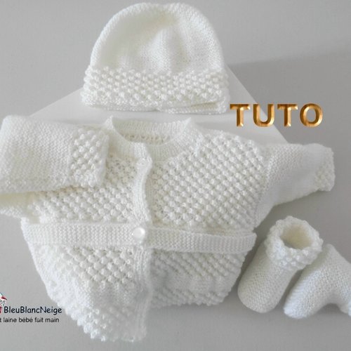 Tuto tu-133 – 1 mois, explications brassière, bonnet, chaussons, laine calinou, fiche tricot bébé