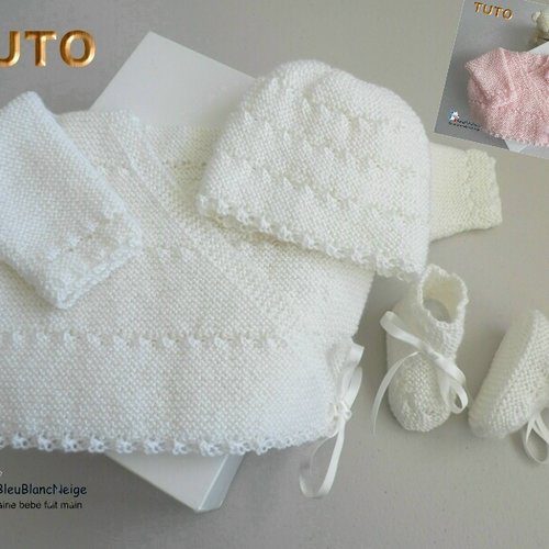 Tuto tu-406 – 3 tailles sur le même pdf - fiche tricot bébé , explications brassière bonnet et chaussons tutoriel