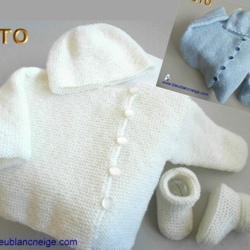 Tuto tu-410 – 4 tailles sur le même pdf - fiche tricot bébé , explications brassière bonnet et chaussons tutoriel