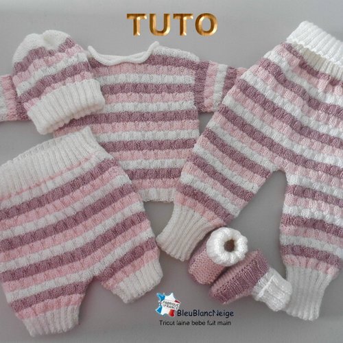 Tuto tu-103 – 1 mois - fiche tricot bébé, explications, tricot bb, brassière, bonnet, chaussons, bloomer, culotte bb, pantalon, layette