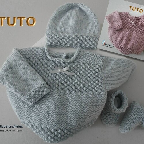 Tuto tu-415 – 3 tailles sur le même pdf - fiche tricot bébé , explications brassière bonnet et chaussons tutoriel