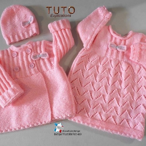 Tuto tu-146 – 6 mois - fiche tricot bébé, explications en tricot bébé, robe manteau ou veste et bonnet bb layette fait main