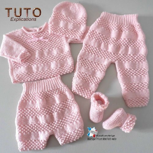 Tuto tu-147 – 1 mois - fiche tricot bébé, explications brassière bloomer pantalon bonnet et chaussons bb tricot fait main
