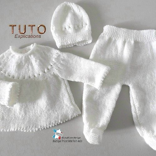 Tuto tu-148- entre prema et naissance ou reborn – explications brassière, pantalon à pieds et bonnet, bb layette tricot fait main