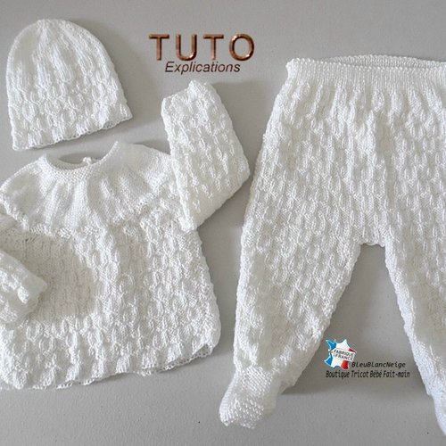 Tuto tu-149 - naissance – explications brassière, pantalon à pieds et bonnet damier, bb layette tricot bébé  fiche tricot