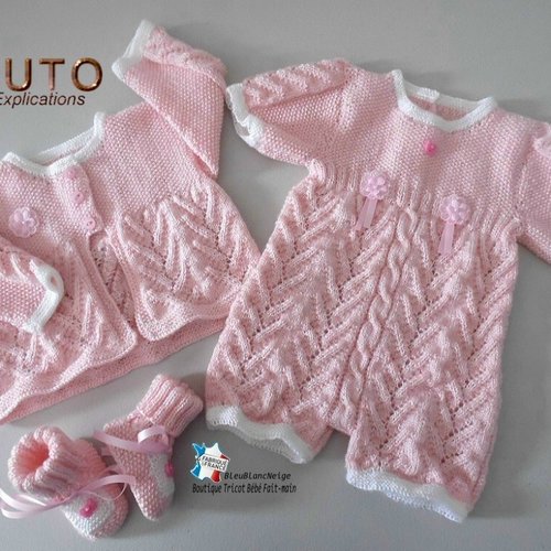Tuto tu-150- 3mois – explications ensemble muguet combi-bloomer, cardigan et chaussons bb tricot fait main fiche tricot