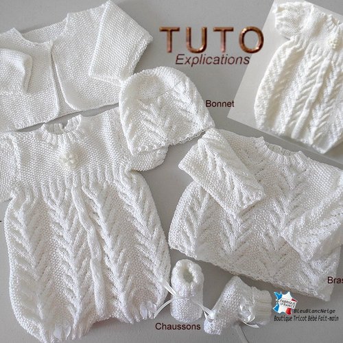 Tuto tu-151- 1 mois – explications ensemble bloomer, cardigan, brassiere, robe, bonnet et chaussons, fiche tricot bebe