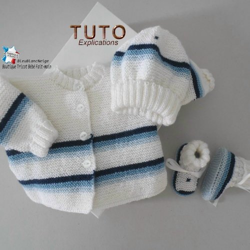 Tuto tu-426 – 4 tailles sur le même pdf - fiche tricot bébé , explications brassière bonnet chaussons tuto modèle layette à tricoter