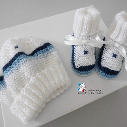 Bonnet et chaussons naissance - duo 4 couleurs nuances bleu pour  bébé mixte ruban satin modèle tricot bb sur commande