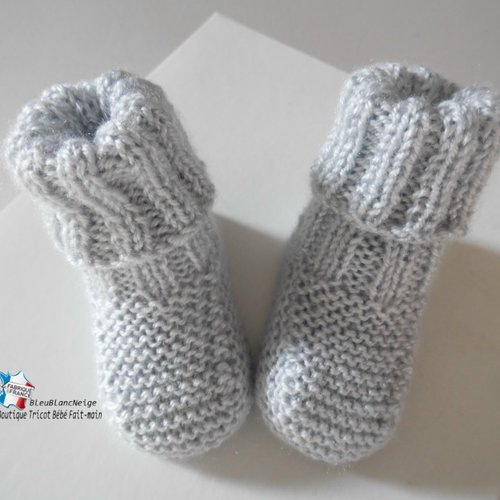 Chaussons naissance chaussettes gris comète calinou pour bébé mixte à revers côtes modèle layette bb tricoté main sur commande
