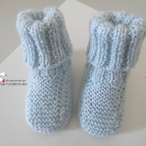 Chaussons 3mois chaussettes bleu azur calinou pour bébé mixte à revers côtes modèle layette bb tricoté main sur commande