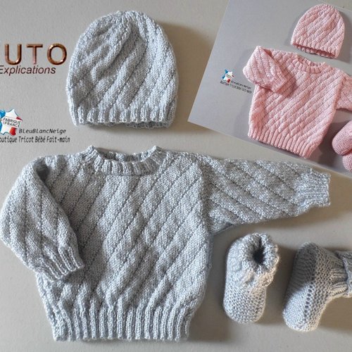 Tuto tu-429 – 3 tailles sur le même pdf - fiche tricot bébé , explications brassière bonnet chaussons à tricoter