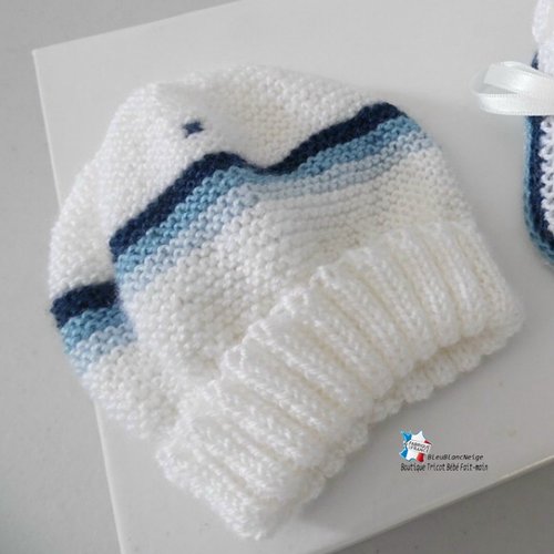 Bonnet 6 mois – 4 couleurs nuances bleu pour  bébé mixte ruban satin modèle tricot bb  layette tricoté main sur commande