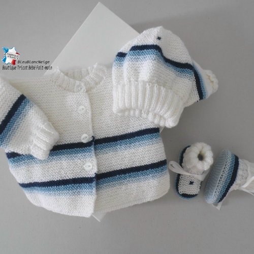 Ensemble naissance, brassière bonnet et chaussons, 4 couleurs layette tricot bb modèle tricot bébé sur commande