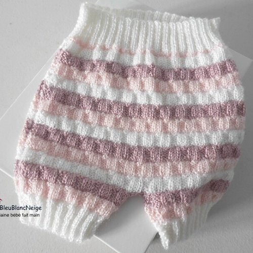 Bloomer ou culotte cache couche, naissance, 3 couleurs laine calinou, blanc et rose en  layette tricot bb modèle sur commande