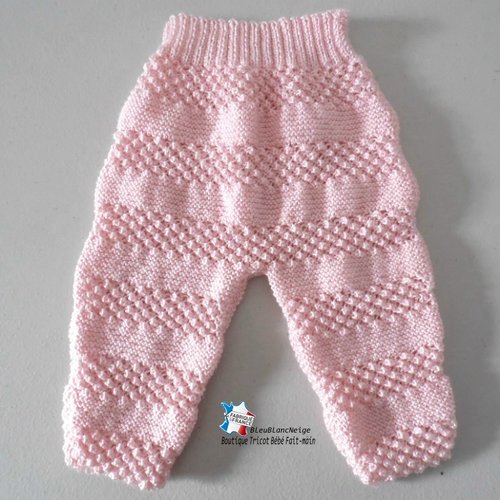 Pantalon bébé, 3 mois,  mousse et astrakan, calinou rose en  layette tricot bb modèle sur commande