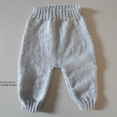 Pantalon naissance jersey gris comète tricoté main, modèle layette tricot bébé, fait main bb laine sur commande