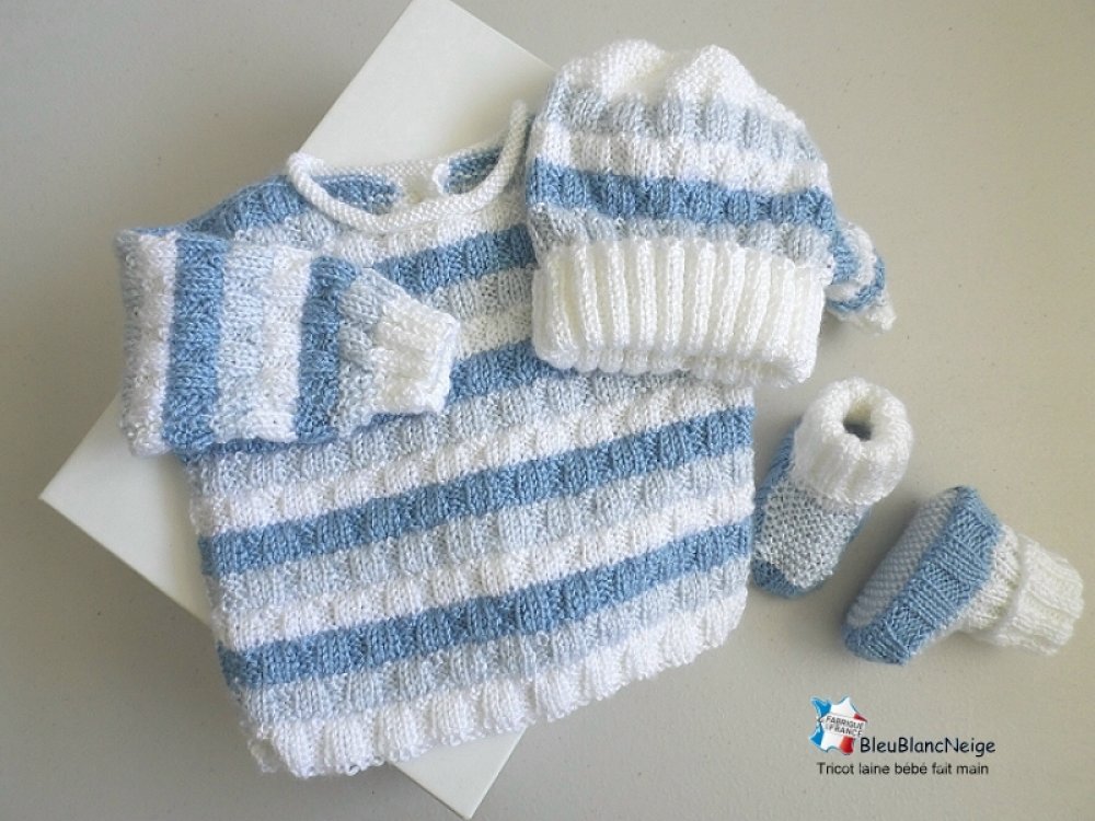 Brassière naissance, droite bleu azur layette bb, laine calinou bergère de  france, tricot bebe, sur commande - Un grand marché