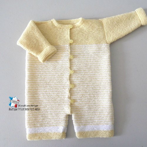 Combi-bloomer 1 mois 2 couleurs 100 % mérinos jaune et calinou lait, mixte layette tricot bébé sur commande