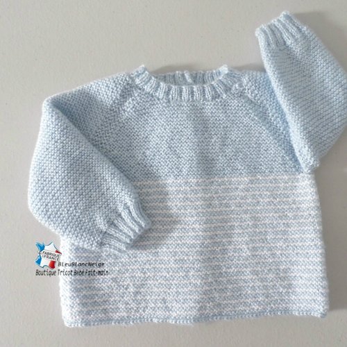 Brassière naissance 2 couleurs calinou blanc-lait et bleu-azur, manches raglan mixte layette tricot bébé sur commande