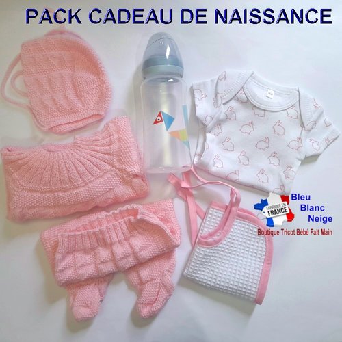 Tricot bébé naissance - rose - pack cadeau - brassière béguin pantalon - layette tricotée main