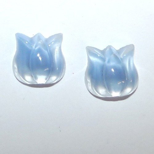 2 cabochons tulipe en verre bleu fleur élément vintage pour création de bijoux collage