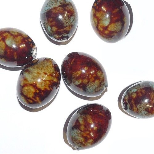 7 grosses perles ovales en céramique vintage de 3 cm marron et bleu chamarré pour création de bijoux