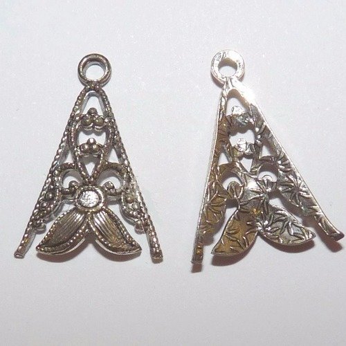 4 pendentif breloque triangle fleuri ajouré bombé filigrane pour création bijoux art déco
