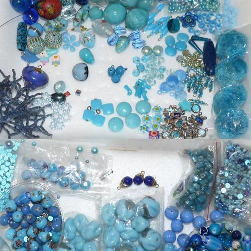 Gros lot de perles variées bleu turquoise rondes ovales magique verre strass pour création 