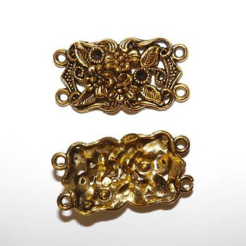 2 connecteurs rectangle doré fleurs en relief art déco pour création baroque à 2 rangs 4 anneaux support strass pour création de bijoux