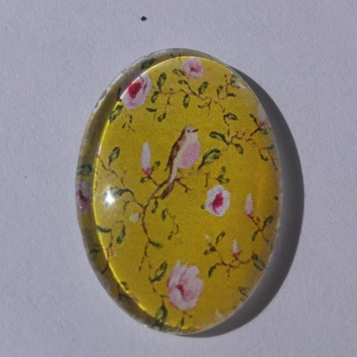 Cabochon de verre, oiseau, fleur, ovale, 18x25 mm, jaune,