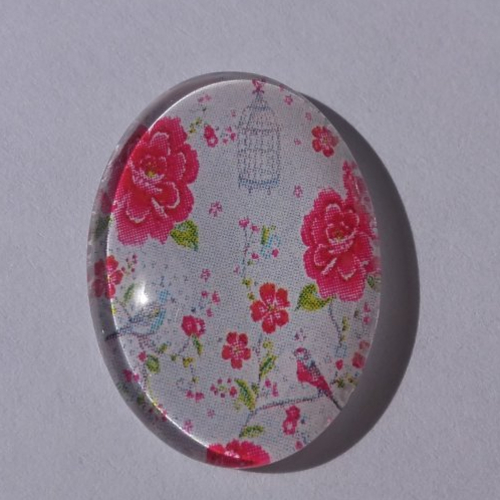 Cabochon de verre, oiseau, fleur, ovale, 25x18 mm