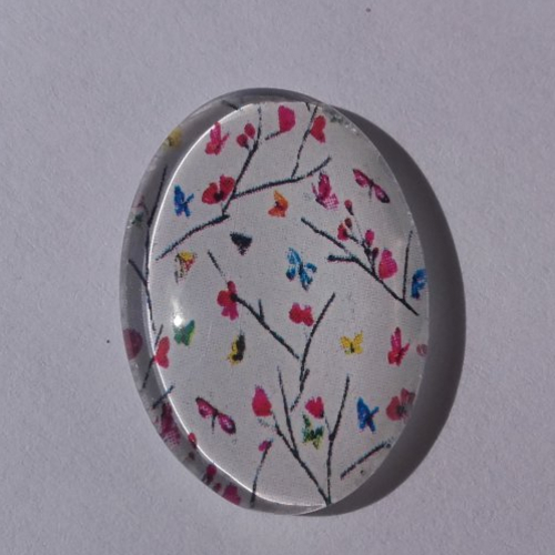 Cabochon de verre, fleur, papillons, ovale, 25x18 mm
