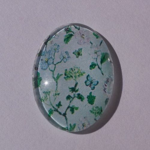 Cabochon de verre, fleur, papillons, bleu, vert, ovale, 25x18 mm