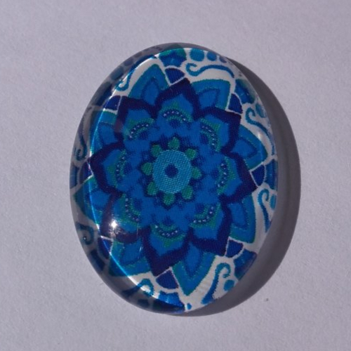 Cabochon de verre, mandala, bleu, blanc, ovale, 25x18 mm