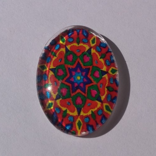 Cabochon de verre, mandala, multicolore, rouge, vert, jaune, ovale, 25x18 mm