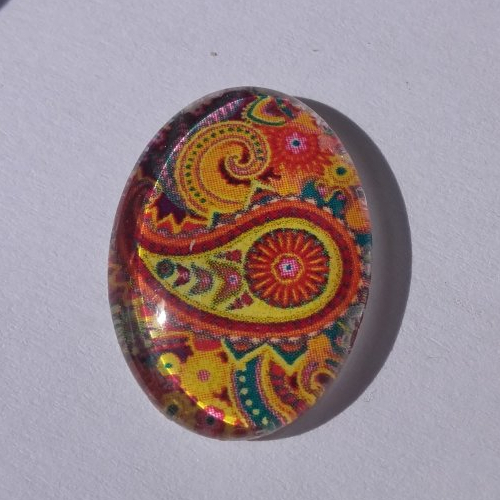 Cabochon de verre, arabesques, jaune, marron, ovale, 25 x 18 mm
