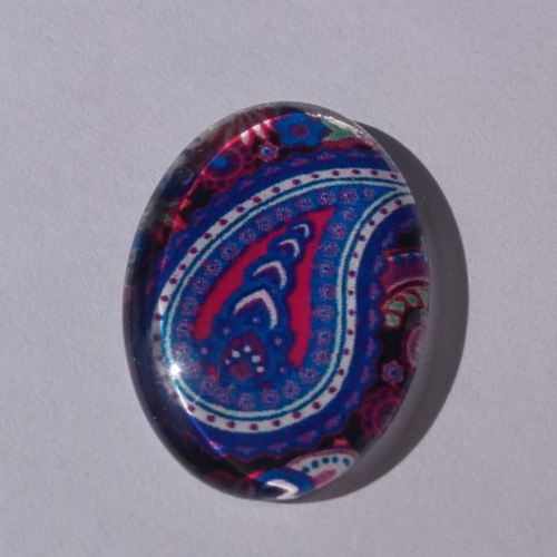 Cabochon de verre, arabesques, bleu, rose, ovale, 25 x 18 mm