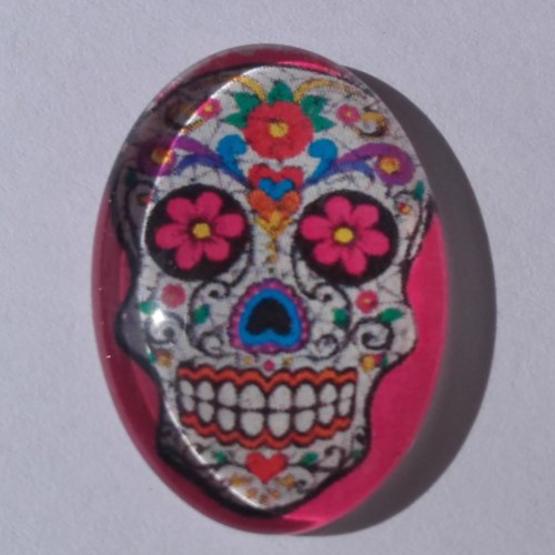 Cabochon de verre, tête de mort mexicaine, rose, ovale, 25 x 18 mm