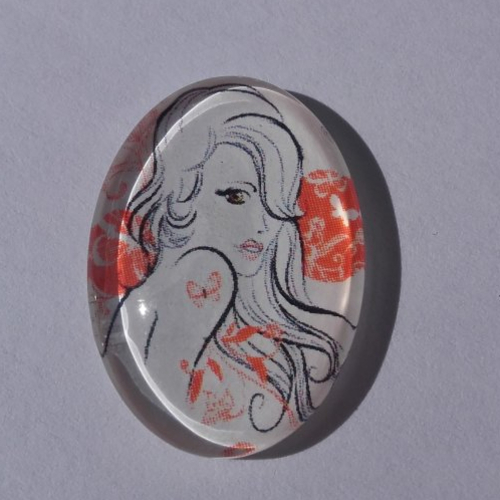 Cabochon de verre, jeune femme, orange, ovale, 25 x 18 mm