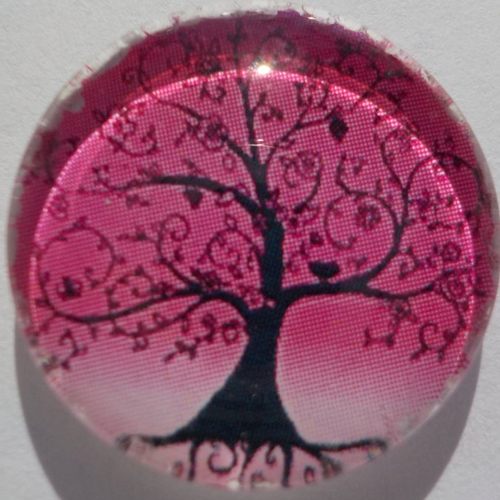 Cabochon arbre de vie, verre, rond, 25 mm, rose, noir,