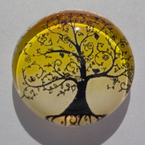 Cabochon, arbre de vie,  jaune, noir, verre, rond, 25 mm