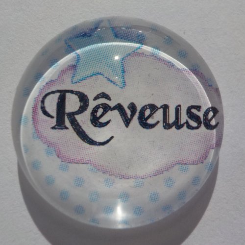 Cabochon de verre avec son image d'écriture rêveuse à pois, bleu, blanc