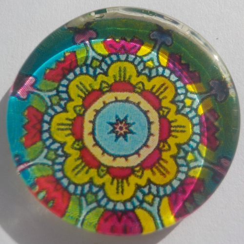 Cabochon de verre, plat, rond, 25 mm, mandala, multicolore
