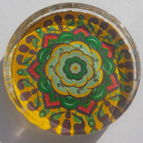Cabochon de verre, plat, rond, 25 mm, mandala, multicolore, image illustré, jaune, vert