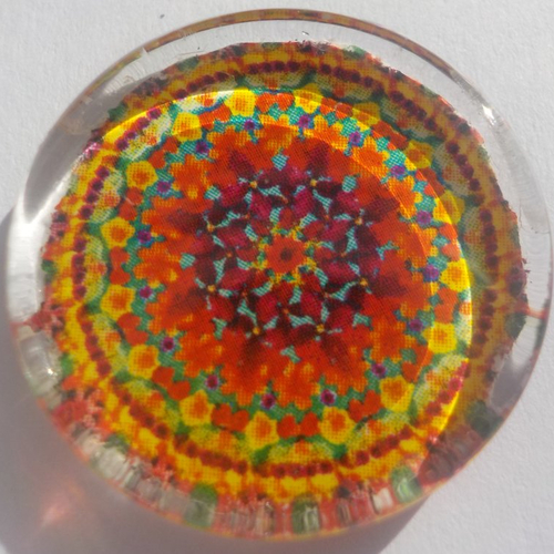 Cabochon de verre, plat, rond, 25 mm, mandala, multicolore, jaune, vert