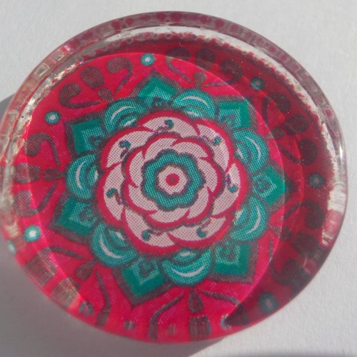 Cabochon de verre, plat, rond, 25 mm, mandala, multicolore, vert, magenta