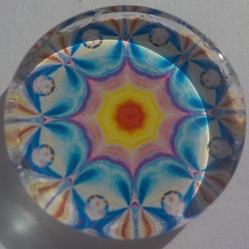 Cabochon de verre, plat, rond, 25 mm, mandala, multicolore, bleu, jaune,